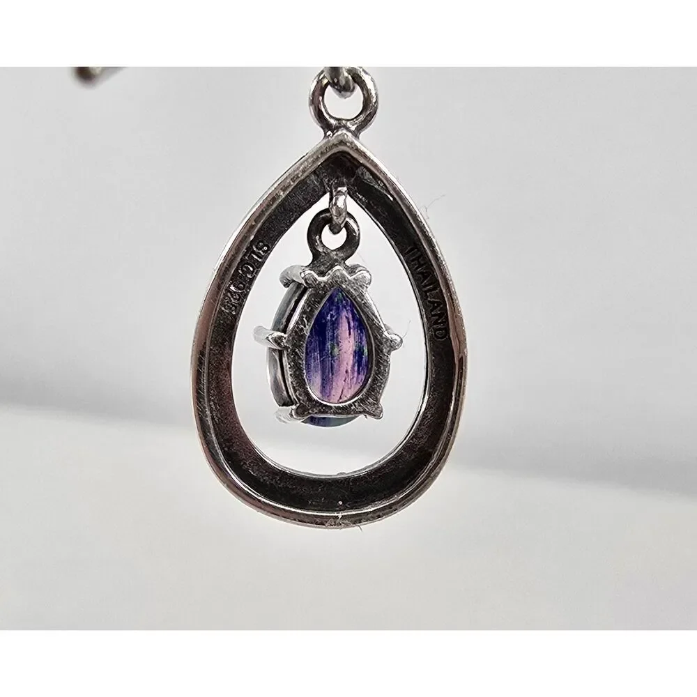 Sterling Silver 925 Synthetic Opal & Marcasite‎ Teardrop Earrings Pierced Hook